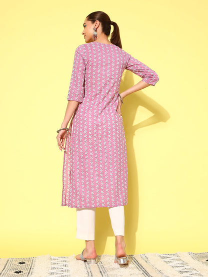 Women Purple Ethnic Printed Straight Kurta With Three Quarter Sleeves | LASVINI - Redefining Indian Fashion with Elegance