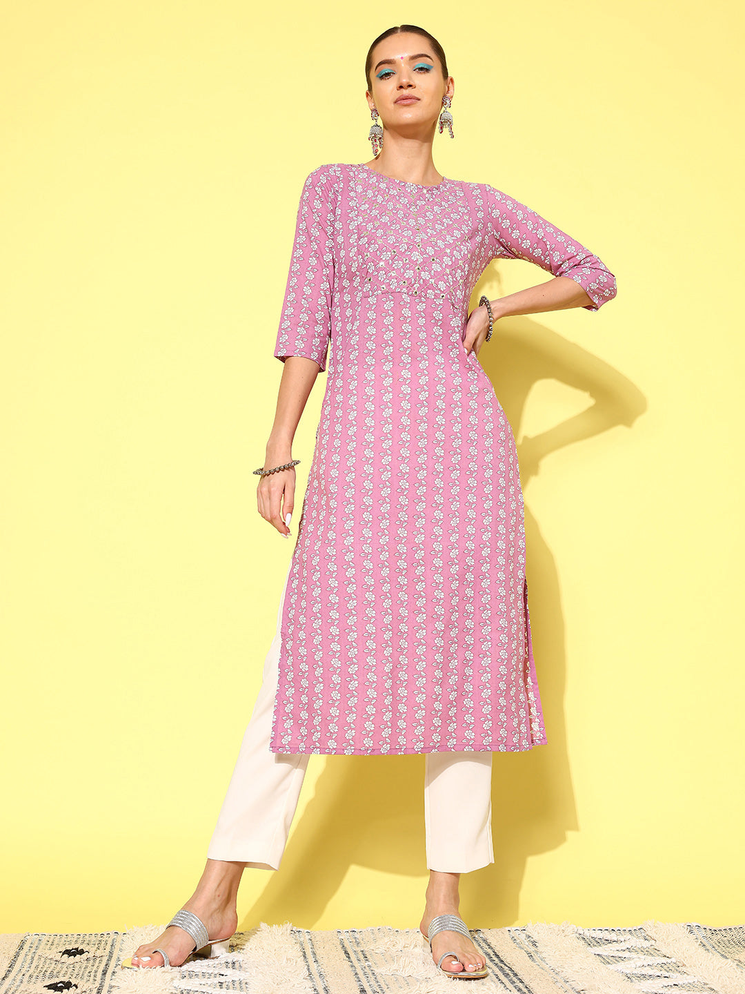 Women Purple Ethnic Printed Straight Kurta With Three Quarter Sleeves | LASVINI - Redefining Indian Fashion with Elegance