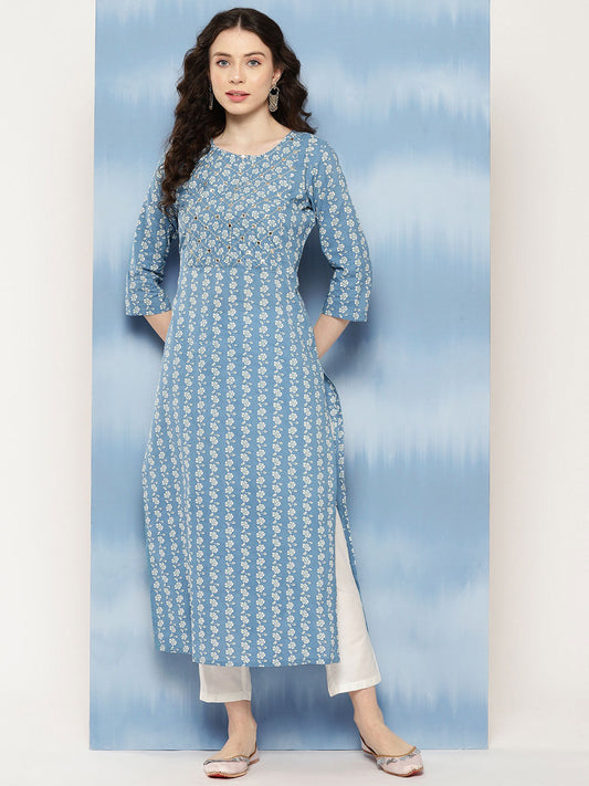 Women Blue Embroidered Yoke Design Straight Kurta | LASVINI - Redefining Indian Fashion with Elegance