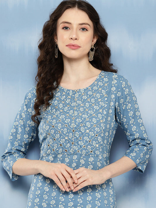 Women Blue Embroidered Yoke Design Straight Kurta | LASVINI - Redefining Indian Fashion with Elegance