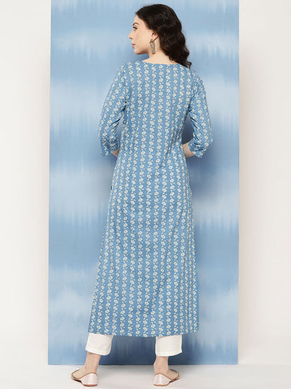 Women Blue Embroidered Yoke Design Straight Kurta | LASVINI - Redefining Indian Fashion with Elegance