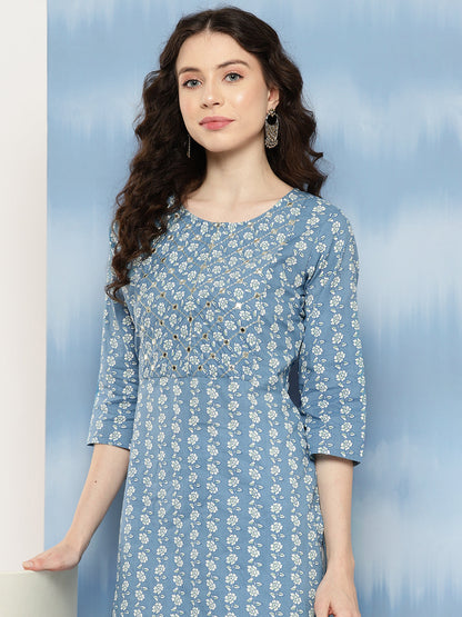 Women Blue Embroidered Yoke Design Straight Kurta | LASVINI - Redefining Indian Fashion with Elegance