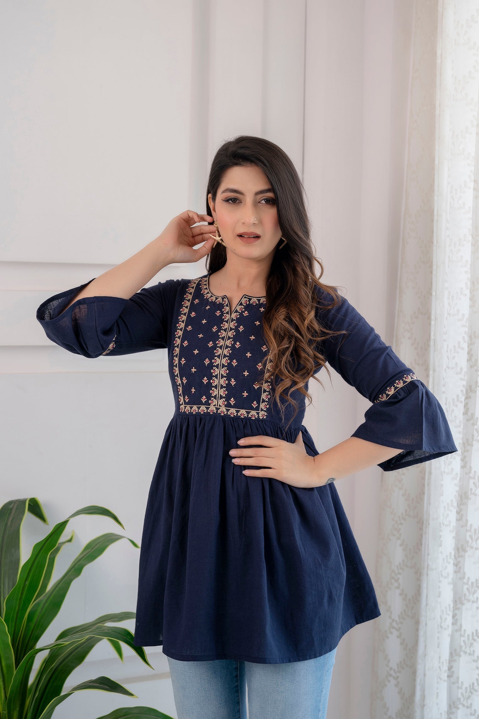 Women Navy Blue Embroidered Peplum Tunic | LASVINI - Redefining Indian Fashion with Elegance