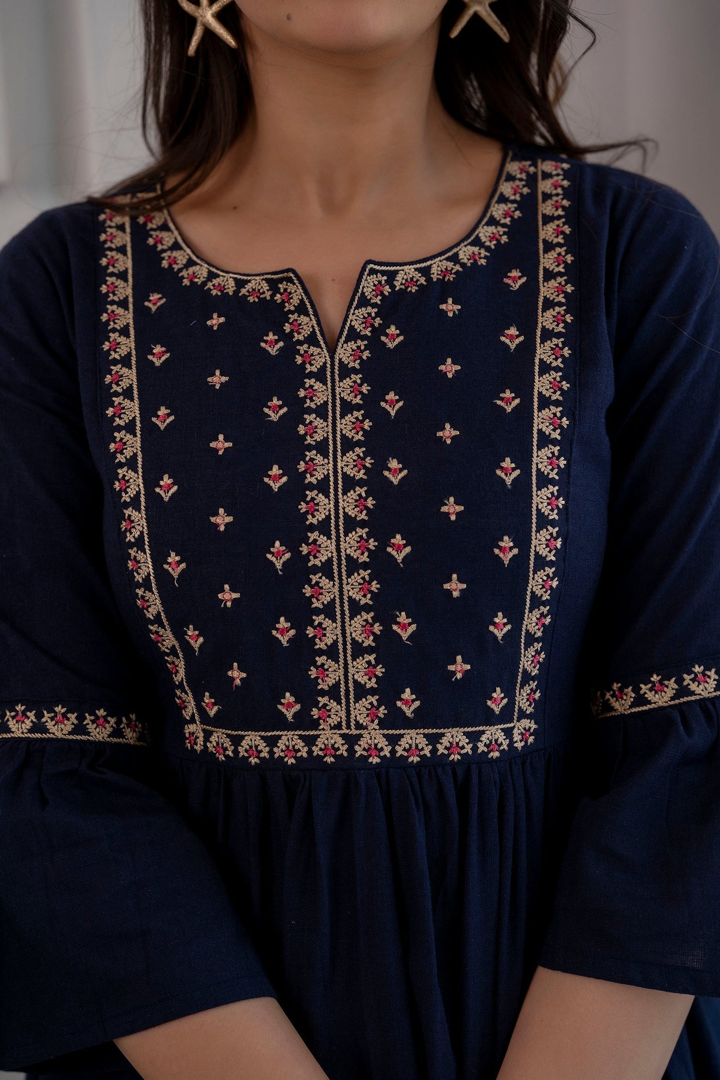 Women Navy Blue Embroidered Peplum Tunic | LASVINI - Redefining Indian Fashion with Elegance