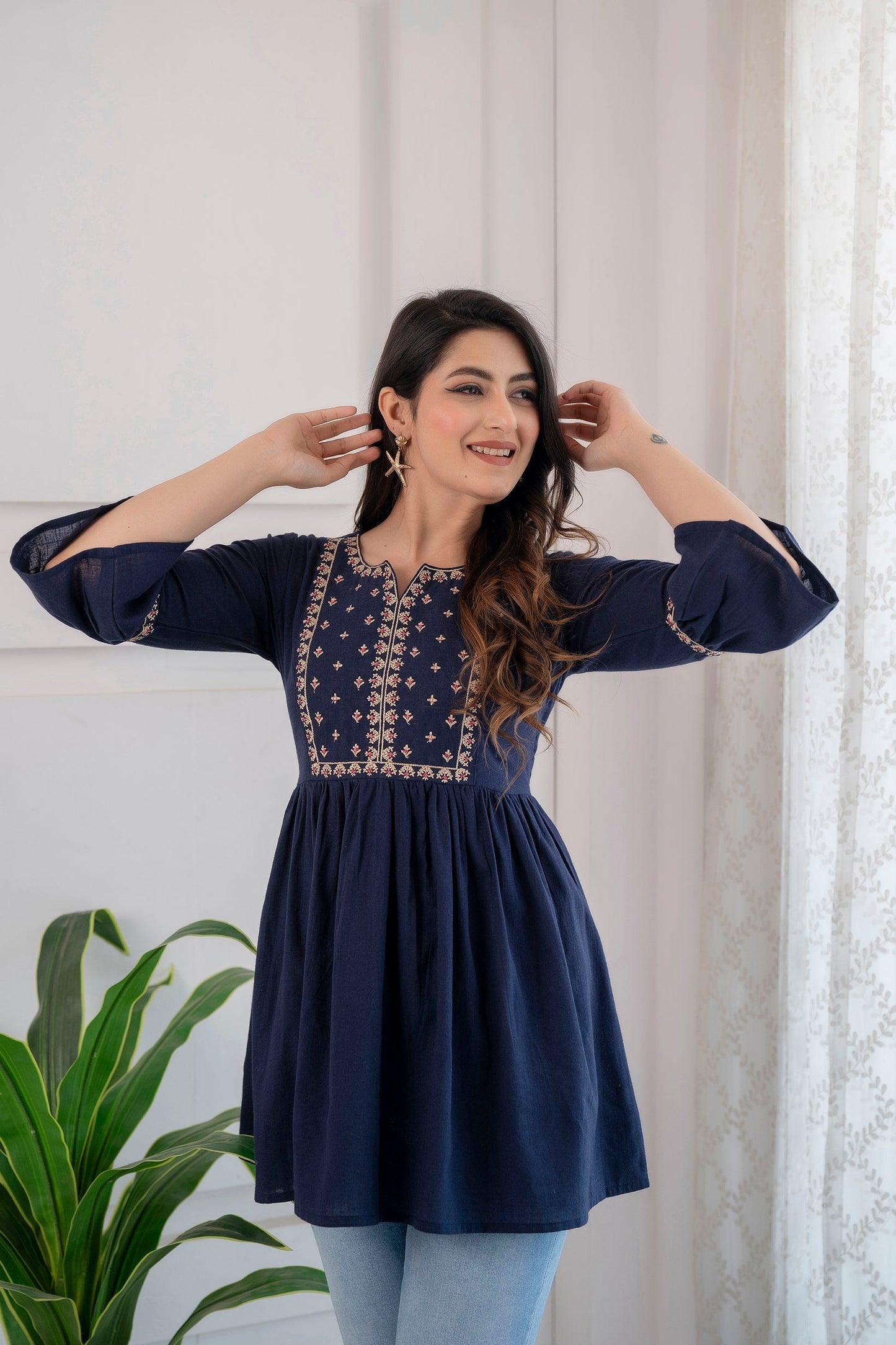 Women Navy Blue Embroidered Peplum Tunic | LASVINI - Redefining Indian Fashion with Elegance