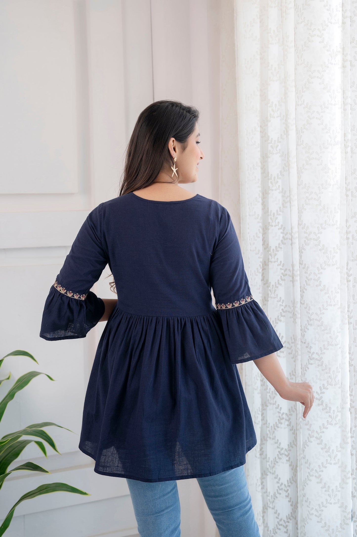 Women Navy Blue Embroidered Peplum Tunic | LASVINI - Redefining Indian Fashion with Elegance