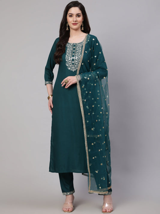 Women Green Embroidered Straight Kurta With Trouser And Net Dupatta | LASVINI - Redefining Indian Fashion with Elegance
