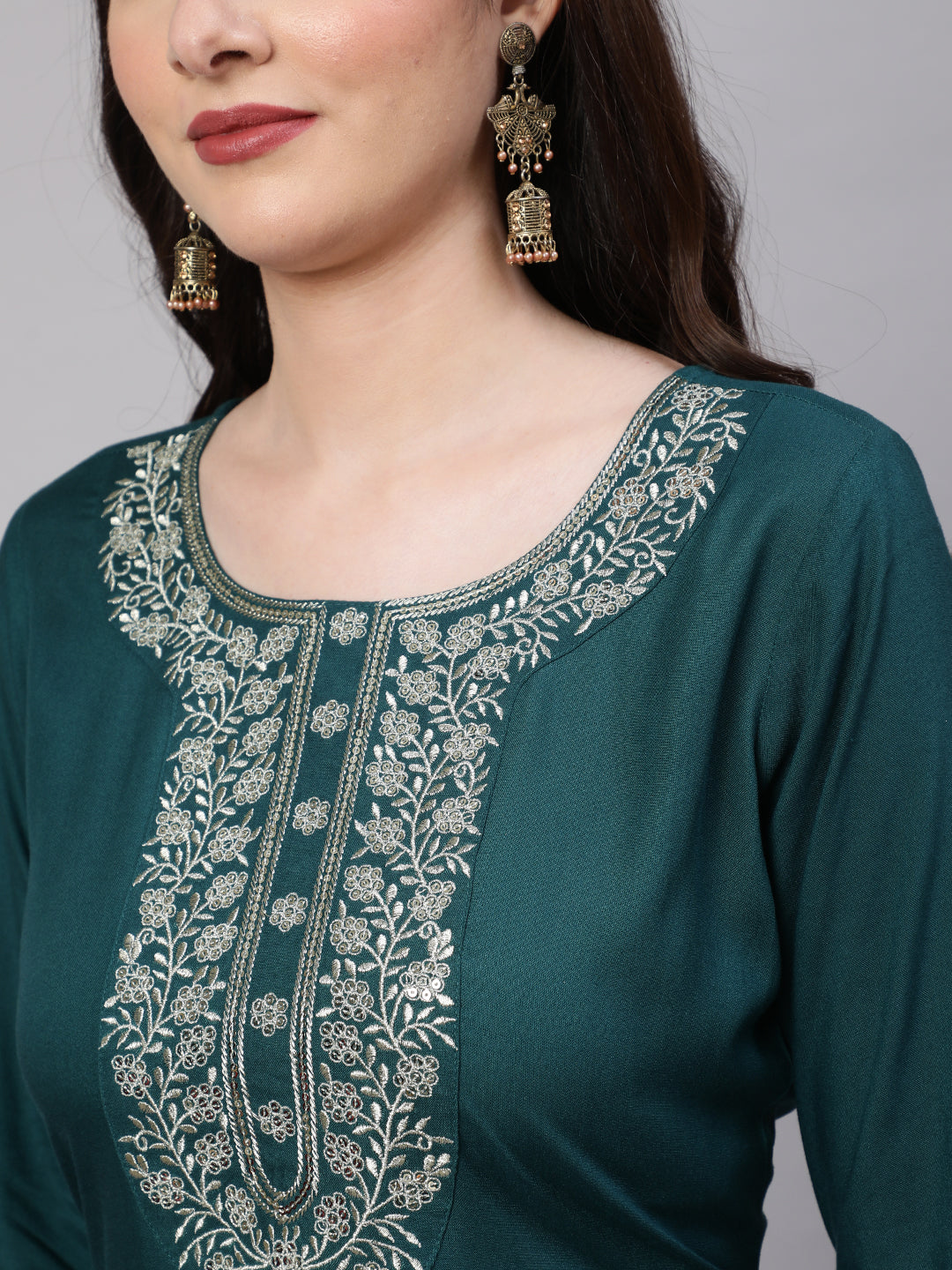 Women Green Embroidered Straight Kurta With Trouser And Net Dupatta | LASVINI - Redefining Indian Fashion with Elegance