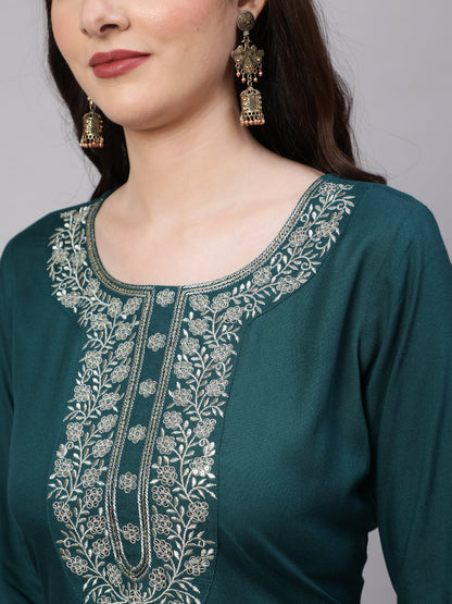 Women Green Embroidered Straight Kurta With Trouser And Net Dupatta | LASVINI - Redefining Indian Fashion with Elegance