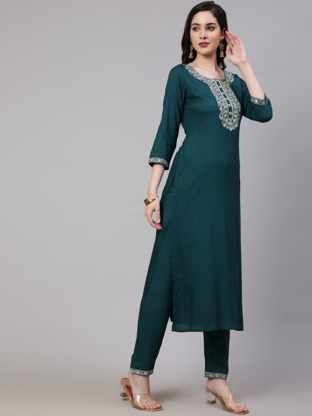 Women Green Embroidered Straight Kurta With Trouser And Net Dupatta | LASVINI - Redefining Indian Fashion with Elegance