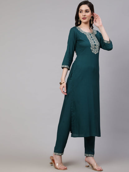 Women Green Embroidered Straight Kurta With Trouser And Net Dupatta | LASVINI - Redefining Indian Fashion with Elegance