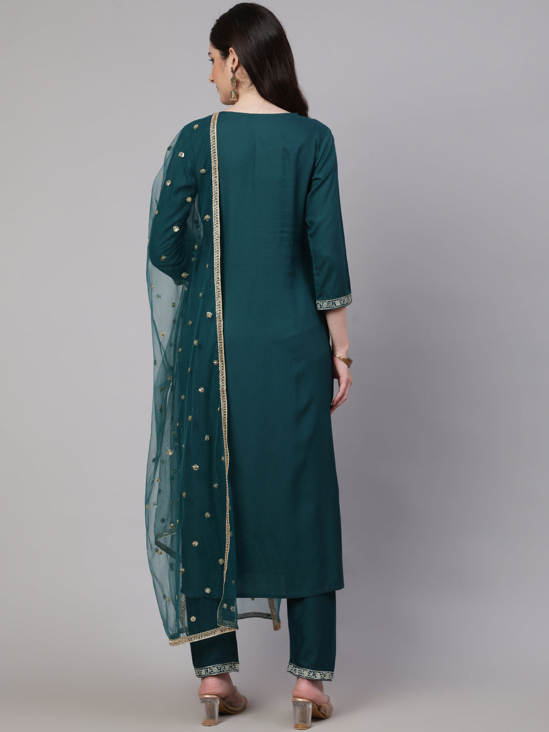 Women Green Embroidered Straight Kurta With Trouser And Net Dupatta | LASVINI - Redefining Indian Fashion with Elegance