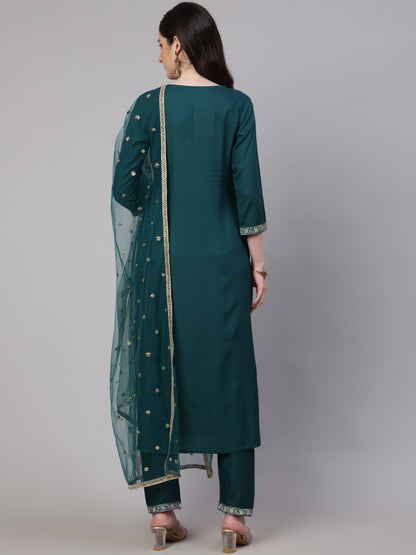 Women Green Embroidered Straight Kurta With Trouser And Net Dupatta | LASVINI - Redefining Indian Fashion with Elegance