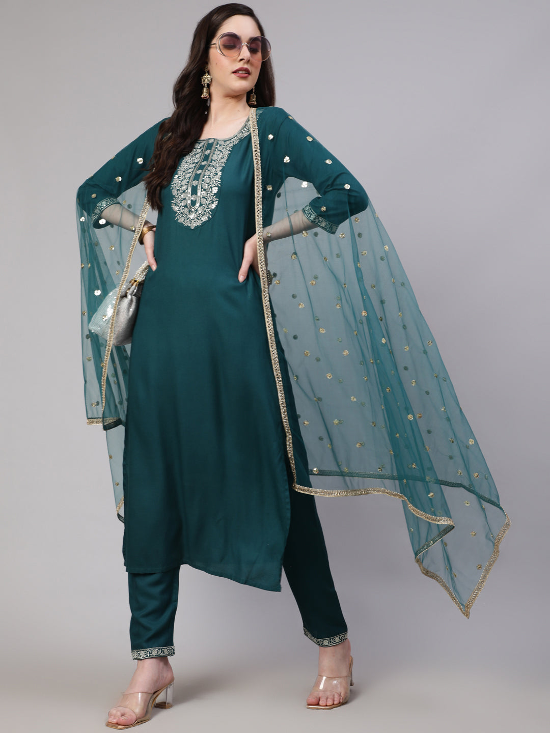 Women Green Embroidered Straight Kurta With Trouser And Net Dupatta | LASVINI - Redefining Indian Fashion with Elegance