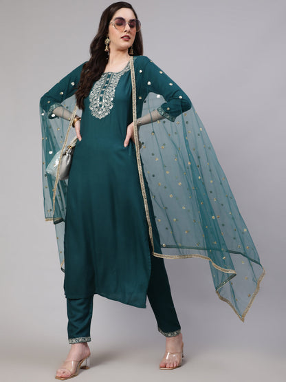 Women Green Embroidered Straight Kurta With Trouser And Net Dupatta | LASVINI - Redefining Indian Fashion with Elegance
