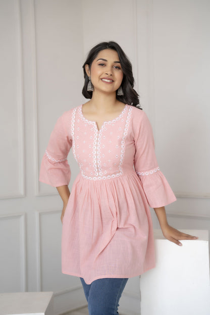 Women Pink Embroidered Peplum Tunic | LASVINI - Redefining Indian Fashion with Elegance