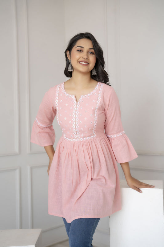 Women Pink Embroidered Peplum Tunic | LASVINI - Redefining Indian Fashion with Elegance
