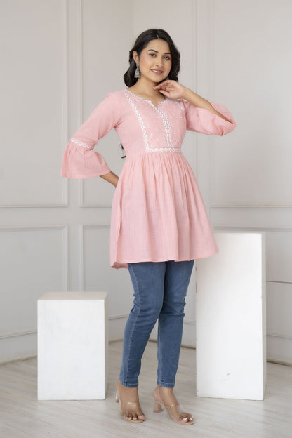 Women Pink Embroidered Peplum Tunic | LASVINI - Redefining Indian Fashion with Elegance