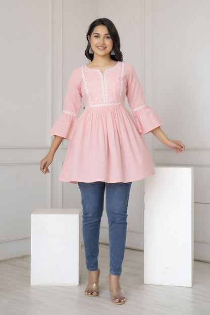 Women Pink Embroidered Peplum Tunic | LASVINI - Redefining Indian Fashion with Elegance