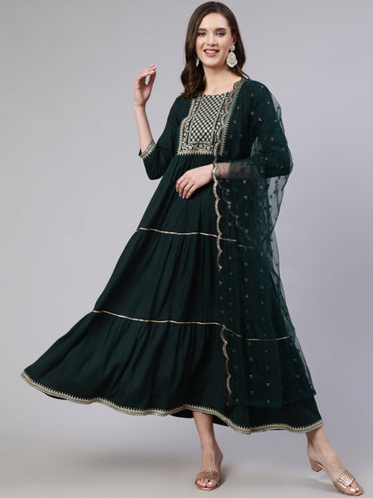 Women Green Embroidered Flared Dress With Net Dupatta | LASVINI - Redefining Indian Fashion with Elegance