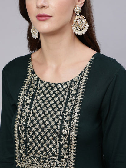 Women Green Embroidered Flared Dress With Net Dupatta | LASVINI - Redefining Indian Fashion with Elegance