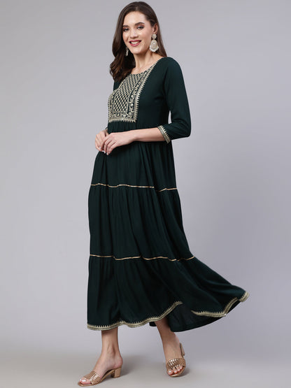 Women Green Embroidered Flared Dress With Net Dupatta | LASVINI - Redefining Indian Fashion with Elegance