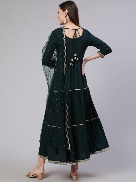 Women Green Embroidered Flared Dress With Net Dupatta | LASVINI - Redefining Indian Fashion with Elegance