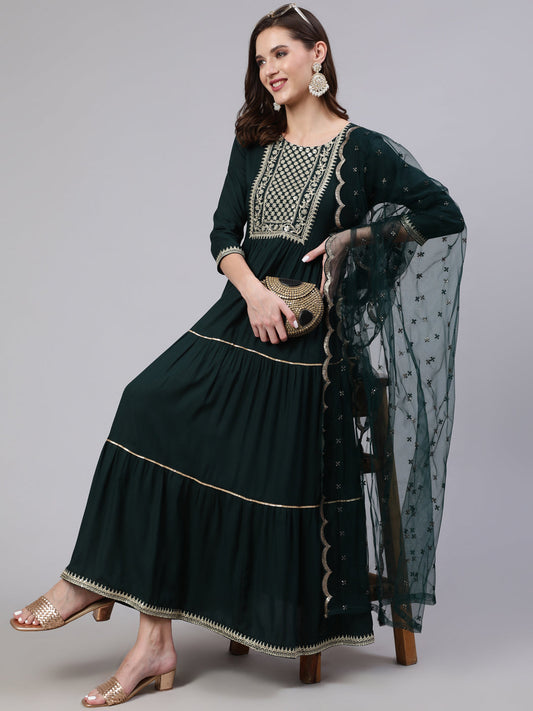 Women Green Embroidered Flared Dress With Net Dupatta | LASVINI - Redefining Indian Fashion with Elegance