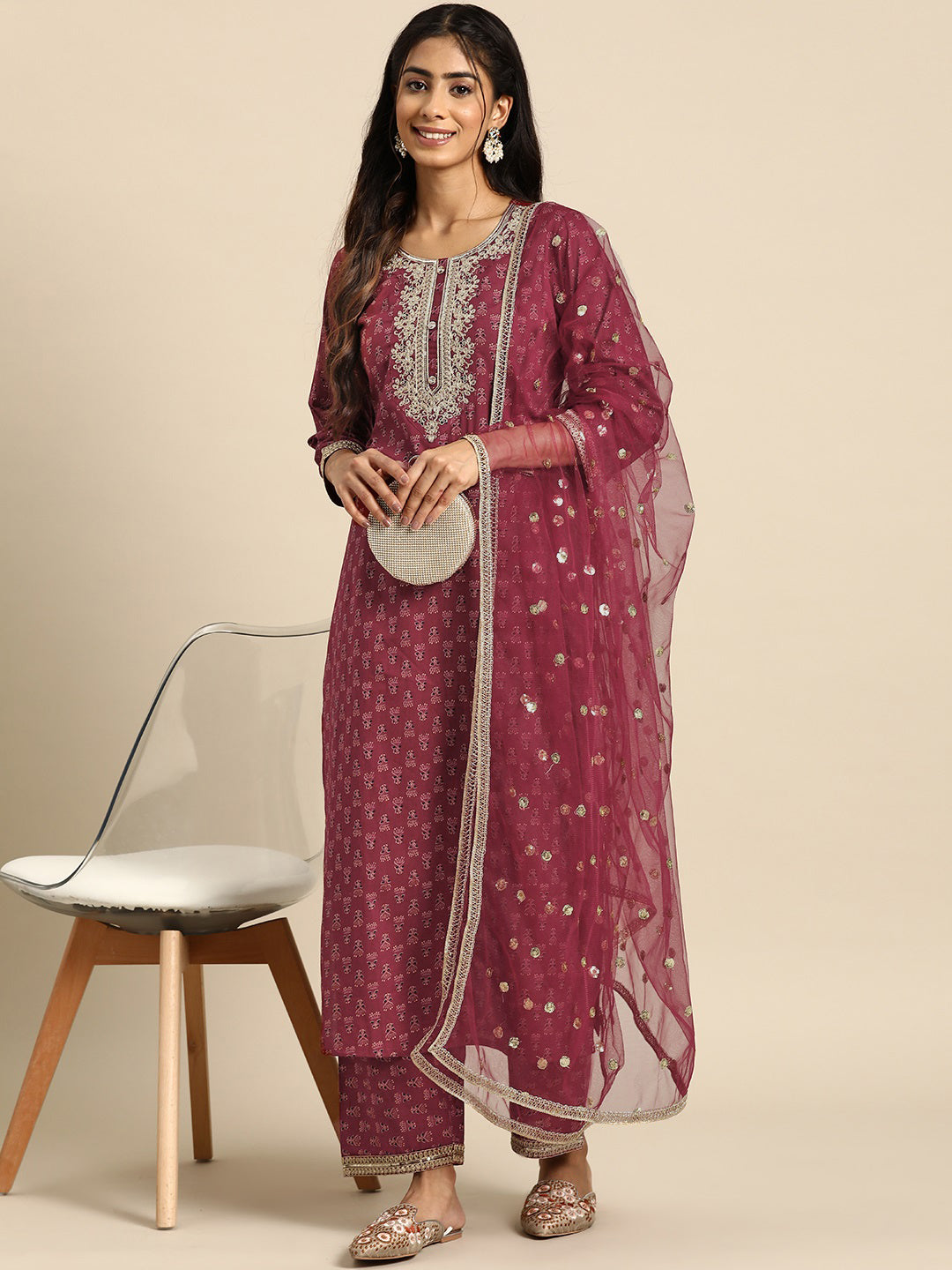 Women Burgundy Embroidered Straight Kurta With Palazzo And Net Dupatta | LASVINI - Redefining Indian Fashion with Elegance