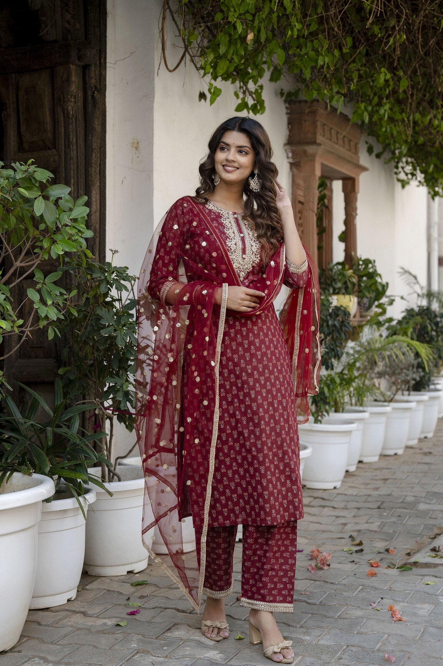 Women Burgundy Embroidered Straight Kurta With Trouser And Net Dupatta | LASVINI - Redefining Indian Fashion with Elegance