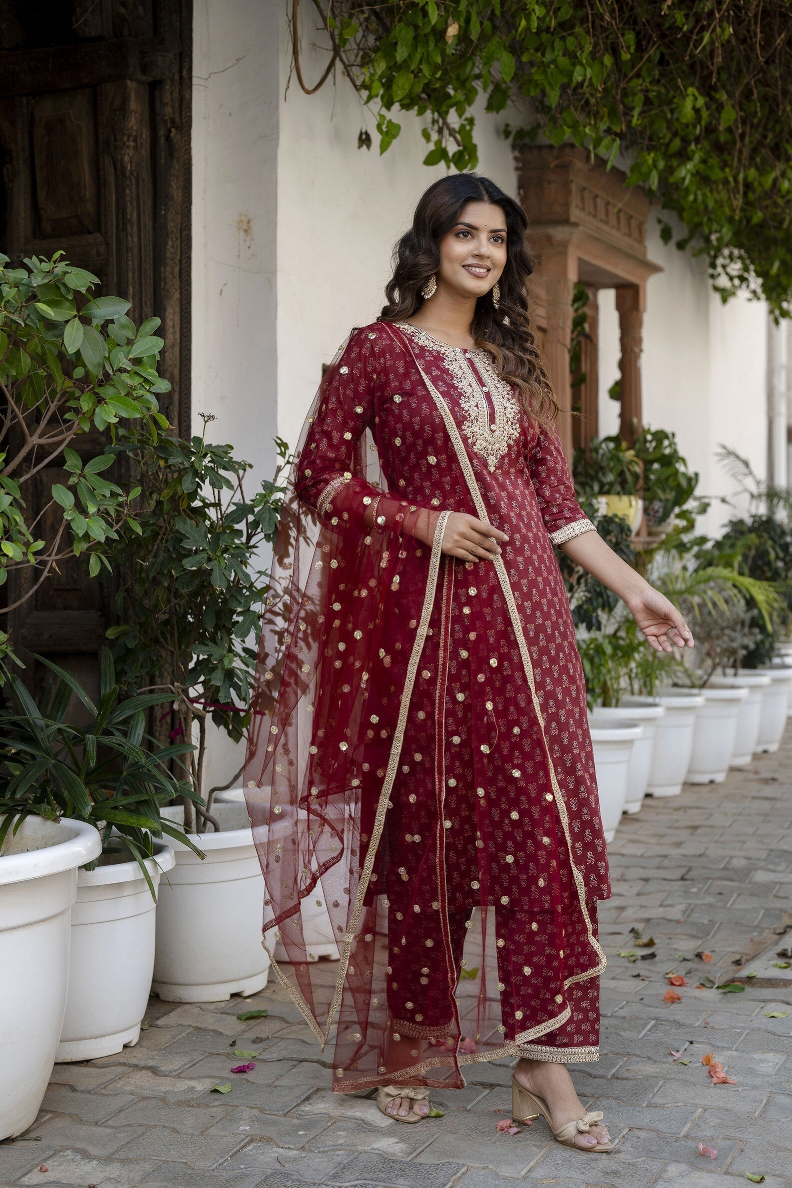 Women Burgundy Embroidered Straight Kurta With Trouser And Net Dupatta | LASVINI - Redefining Indian Fashion with Elegance