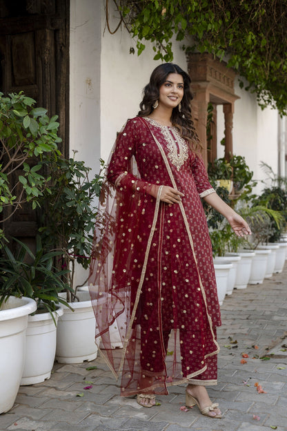 Women Burgundy Embroidered Straight Kurta With Trouser And Net Dupatta | LASVINI - Redefining Indian Fashion with Elegance
