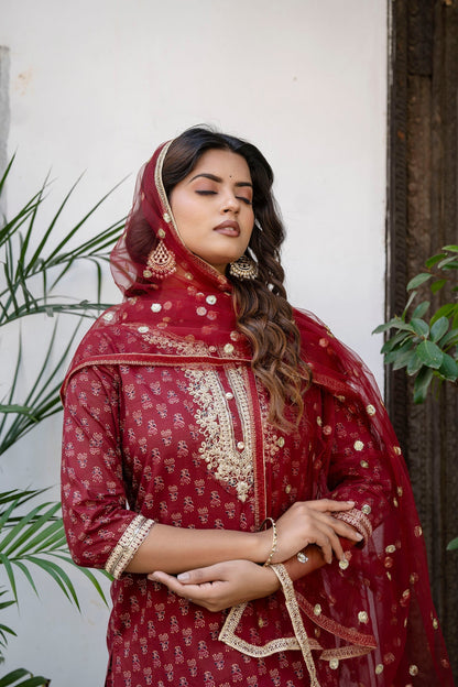Women Burgundy Embroidered Straight Kurta With Trouser And Net Dupatta | LASVINI - Redefining Indian Fashion with Elegance