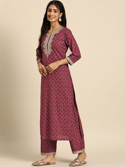 Women Burgundy Embroidered Straight Kurta With Palazzo And Net Dupatta | LASVINI - Redefining Indian Fashion with Elegance