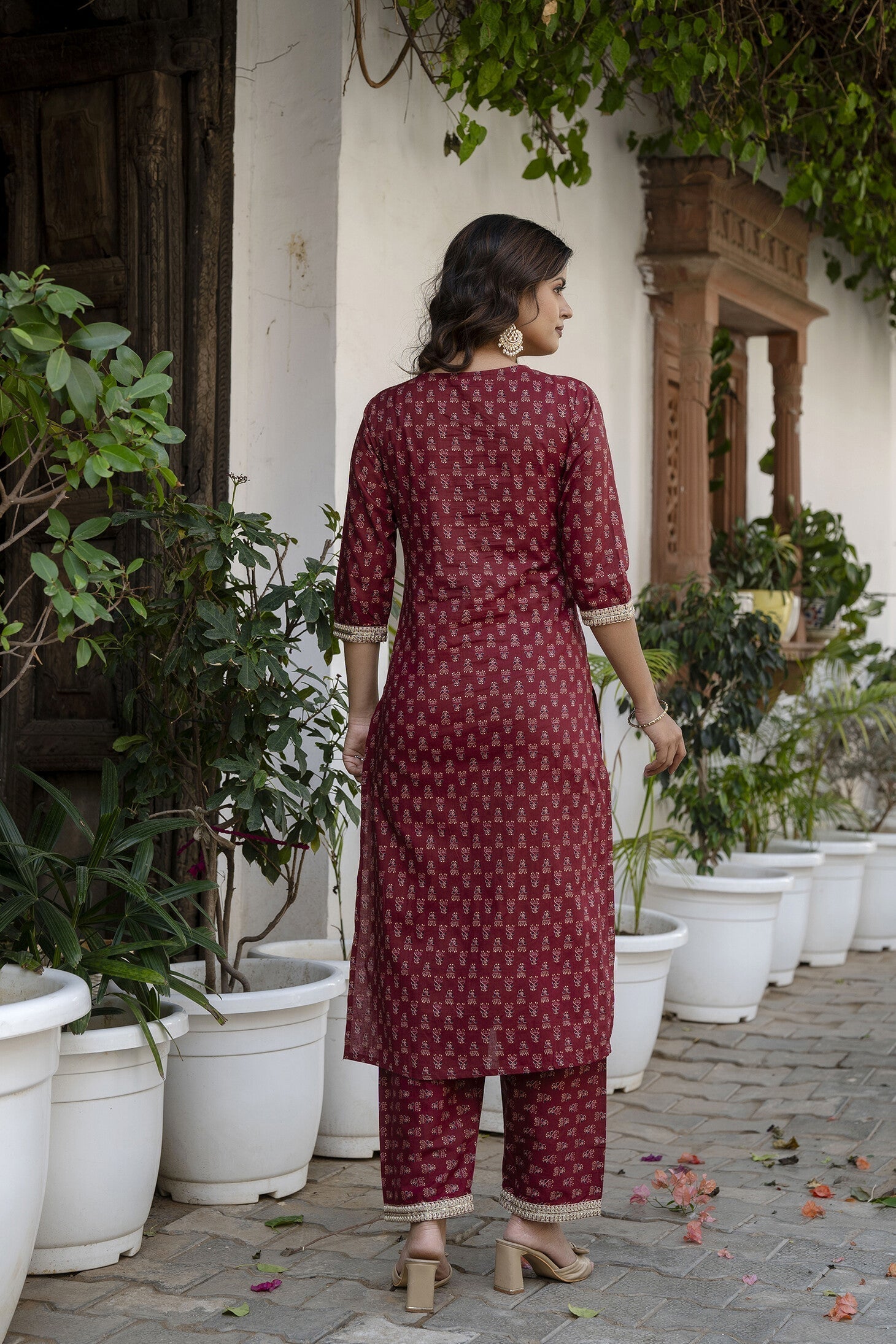 Women Burgundy Embroidered Straight Kurta With Trouser And Net Dupatta | LASVINI - Redefining Indian Fashion with Elegance