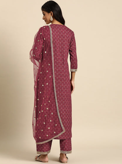 Women Burgundy Embroidered Straight Kurta With Palazzo And Net Dupatta | LASVINI - Redefining Indian Fashion with Elegance