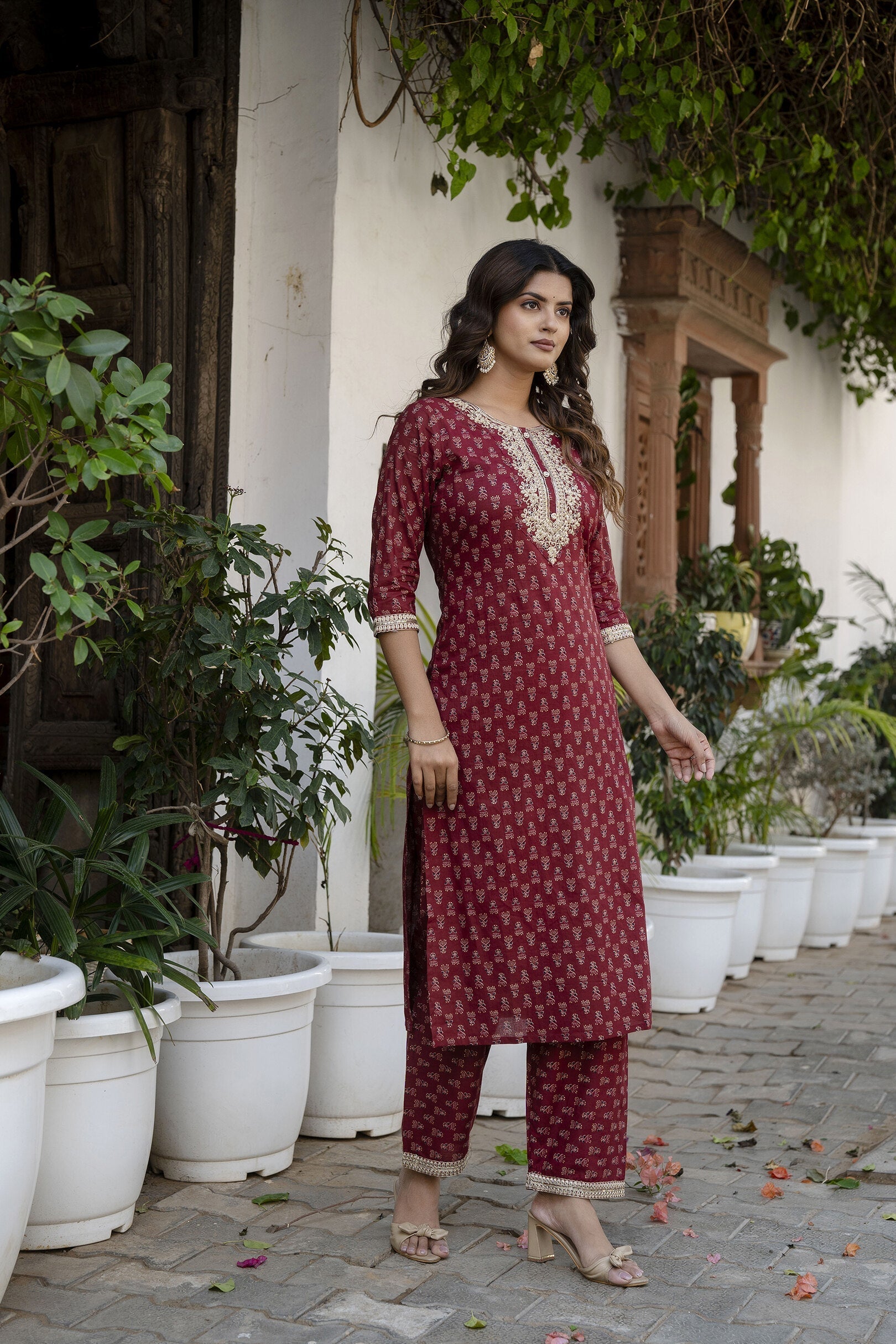 Women Burgundy Embroidered Straight Kurta With Trouser And Net Dupatta | LASVINI - Redefining Indian Fashion with Elegance