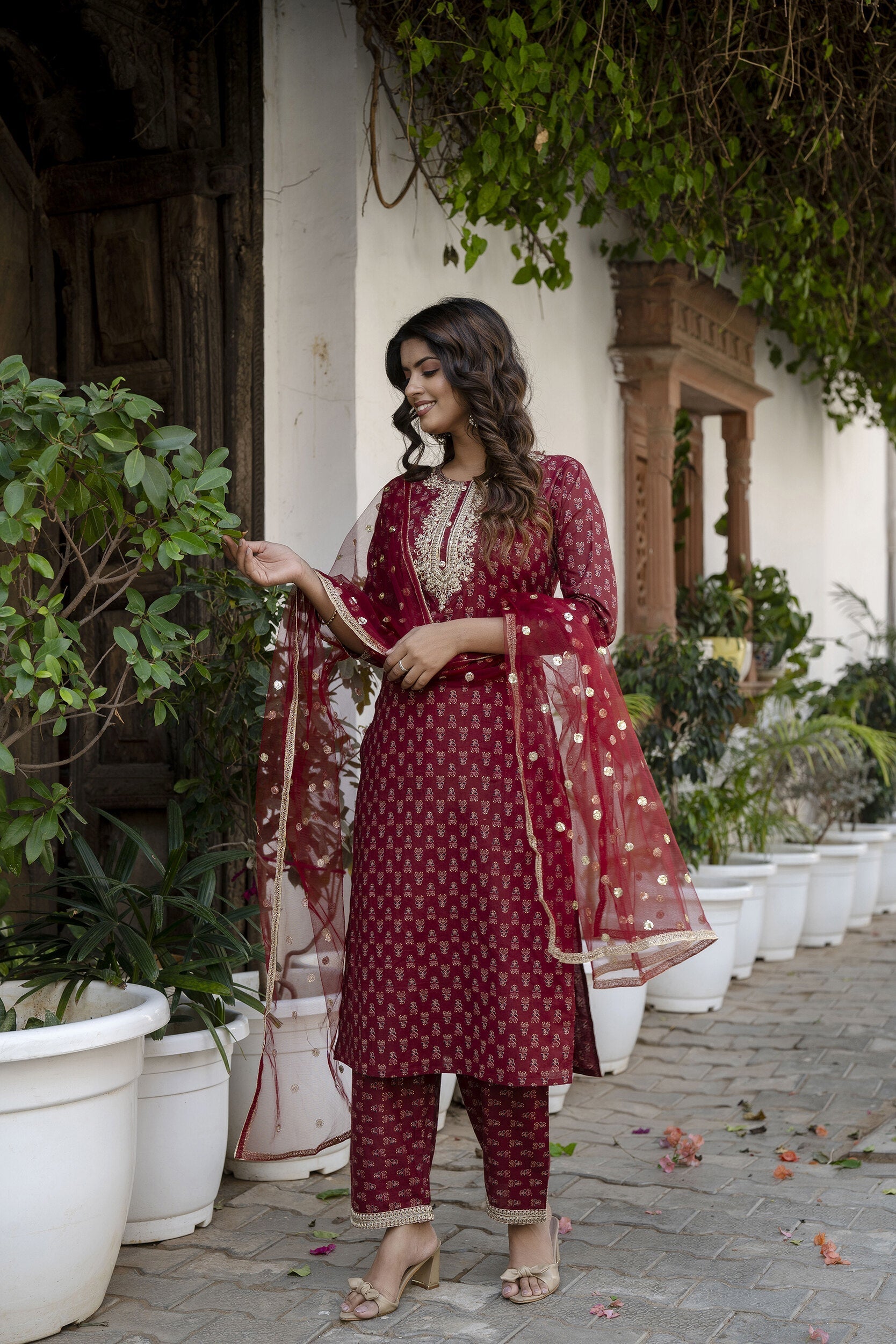 Women Burgundy Embroidered Straight Kurta With Trouser And Net Dupatta | LASVINI - Redefining Indian Fashion with Elegance