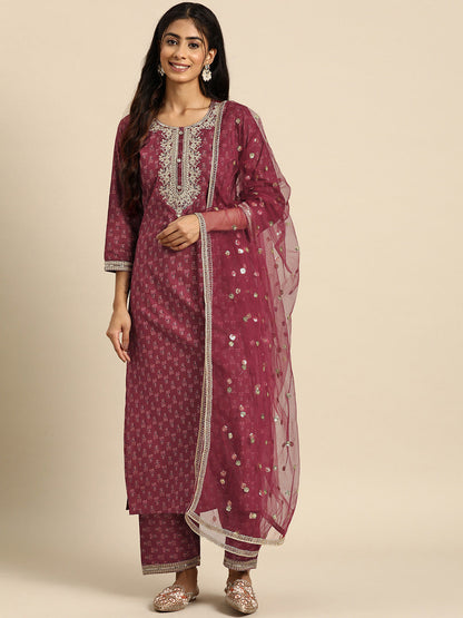 Women Burgundy Embroidered Straight Kurta With Palazzo And Net Dupatta | LASVINI - Redefining Indian Fashion with Elegance