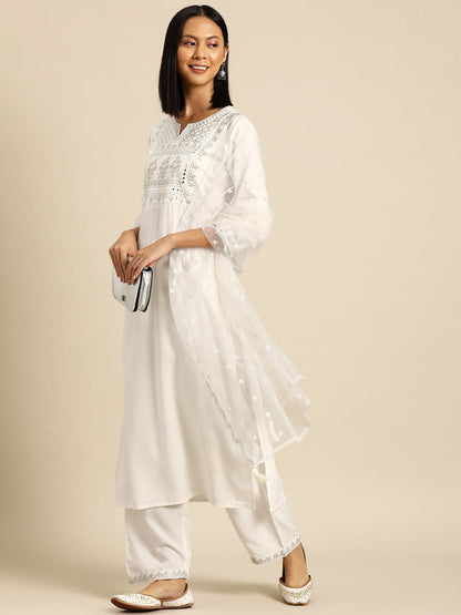 Women White Embroidered Straight Kurta With Palazzo And Net Dupatta | LASVINI - Redefining Indian Fashion with Elegance