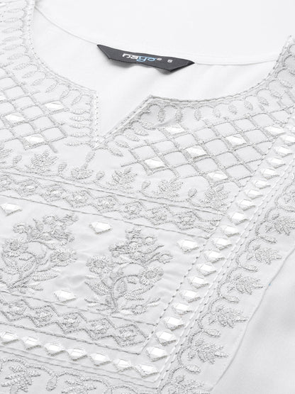 Women White Embroidered Straight Kurta With Palazzo And Net Dupatta | LASVINI - Redefining Indian Fashion with Elegance