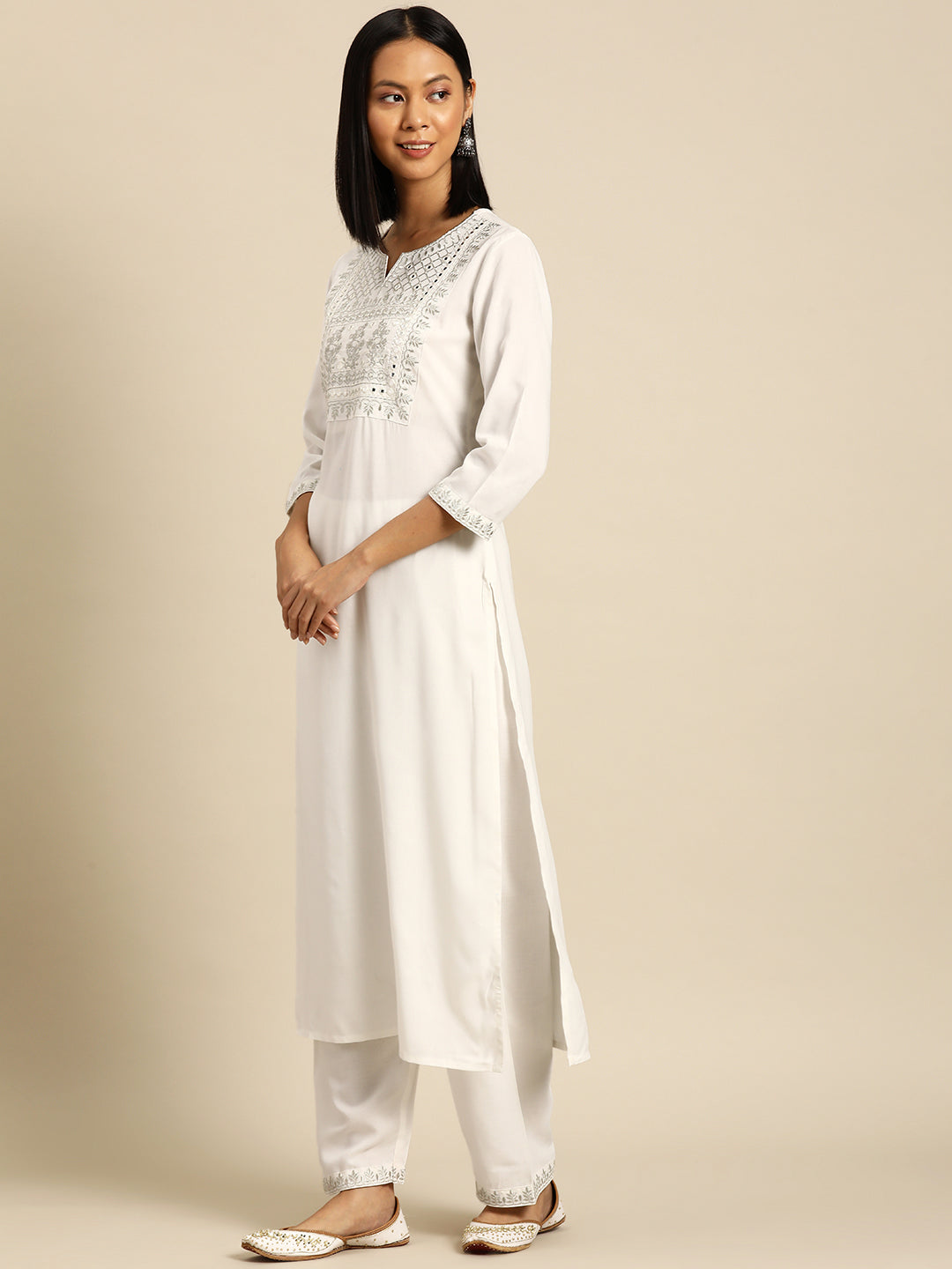 Women White Embroidered Straight Kurta With Palazzo And Net Dupatta | LASVINI - Redefining Indian Fashion with Elegance