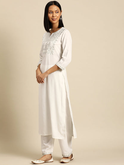 Women White Embroidered Straight Kurta With Palazzo And Net Dupatta | LASVINI - Redefining Indian Fashion with Elegance