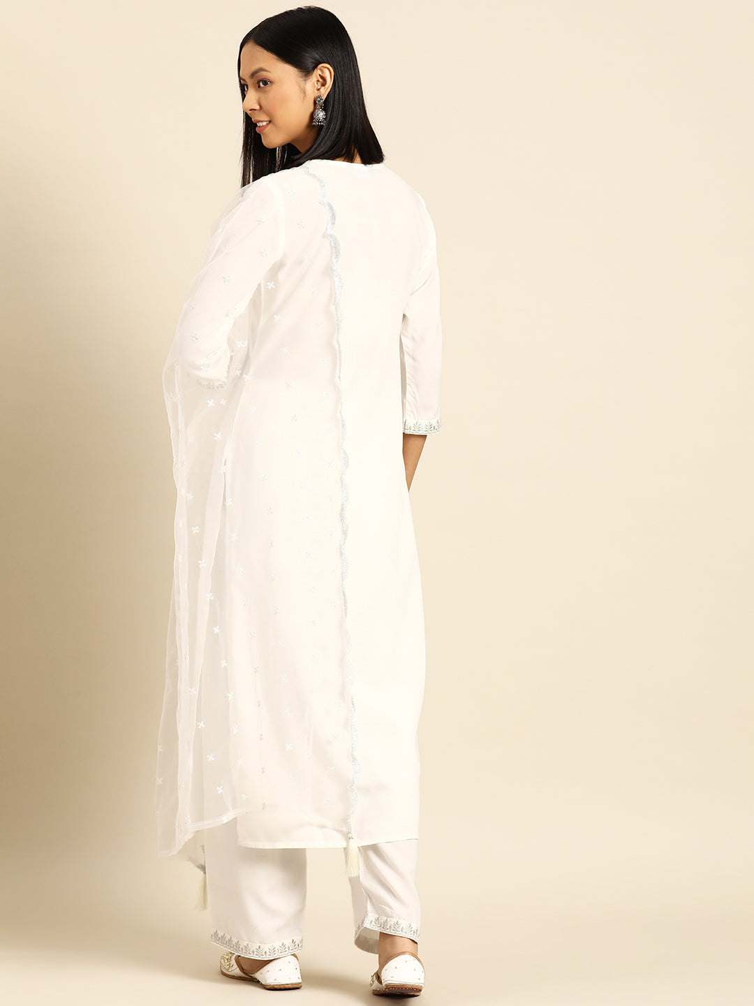 Women White Embroidered Straight Kurta With Palazzo And Net Dupatta | LASVINI - Redefining Indian Fashion with Elegance
