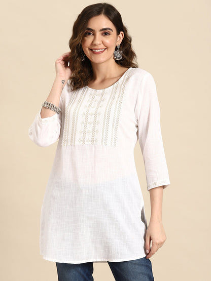 Women Off-White Embroidered Straight Tunic With Three Quarter Sleeves | LASVINI - Redefining Indian Fashion with Elegance
