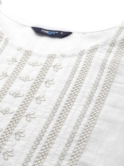 Women Off-White Embroidered Straight Tunic With Three Quarter Sleeves | LASVINI - Redefining Indian Fashion with Elegance