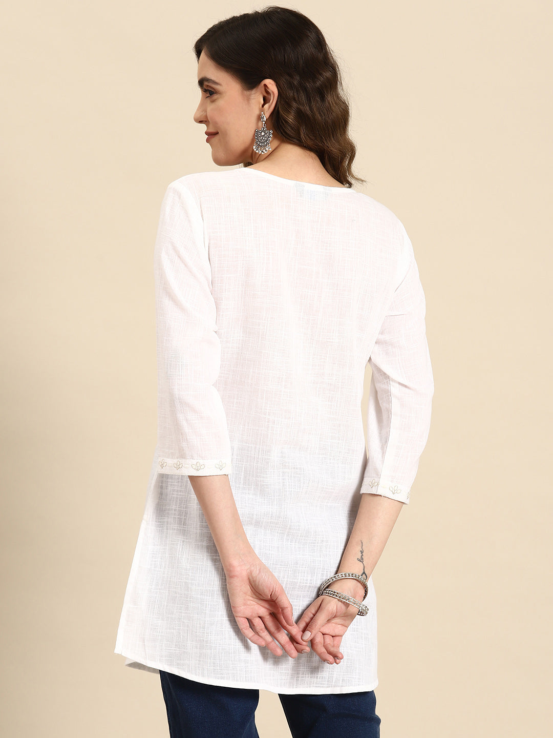 Women Off-White Embroidered Straight Tunic With Three Quarter Sleeves | LASVINI - Redefining Indian Fashion with Elegance