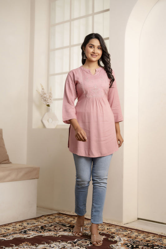 Women Mauve Embroidered Straight Tunic With Three Quarter Sleeves | LASVINI - Redefining Indian Fashion with Elegance