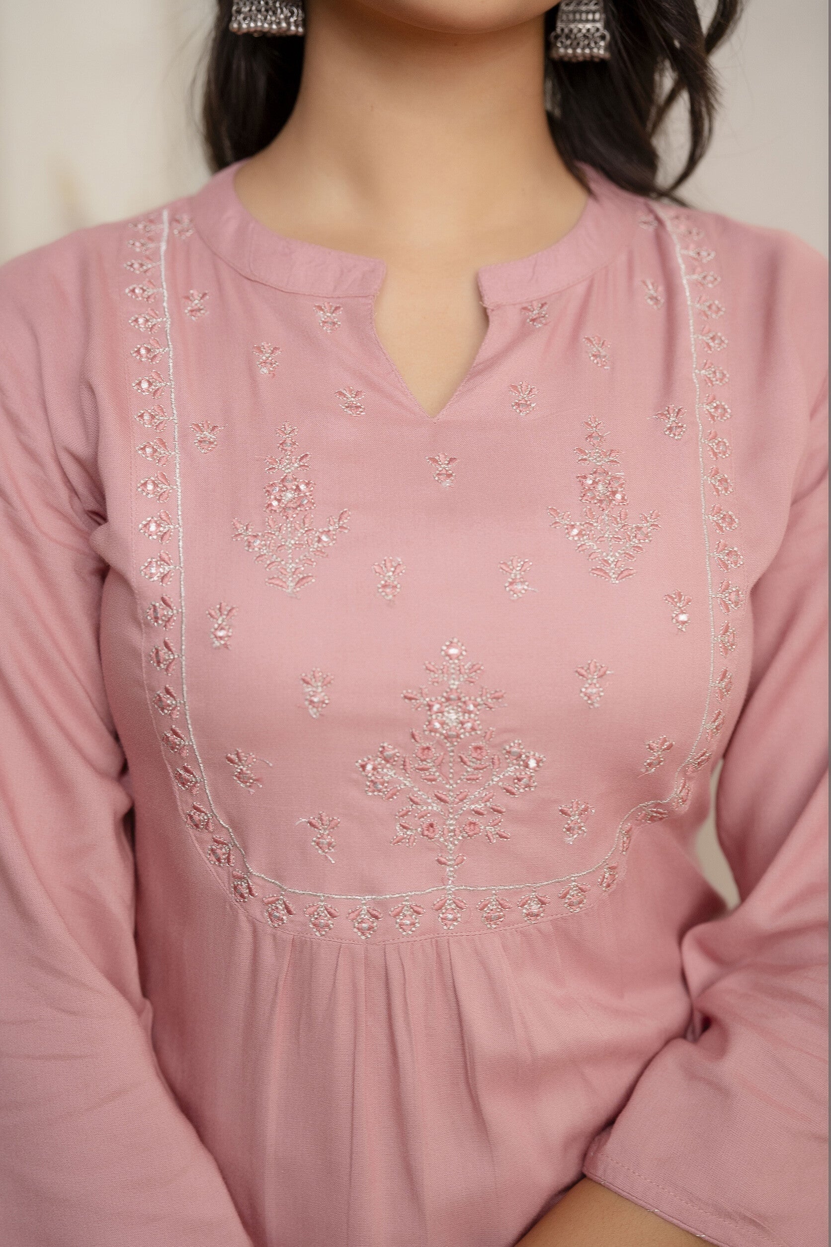 Women Mauve Embroidered Straight Tunic With Three Quarter Sleeves | LASVINI - Redefining Indian Fashion with Elegance