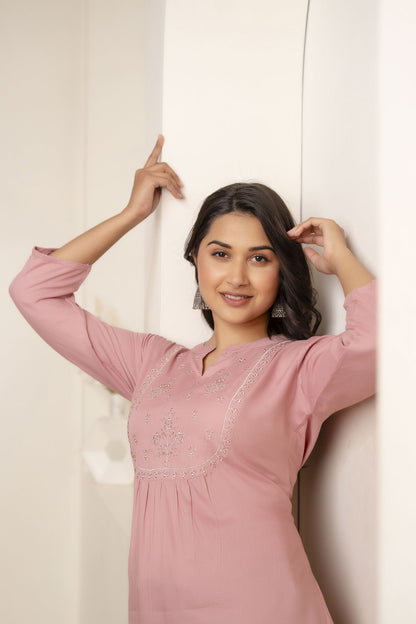 Women Mauve Embroidered Straight Tunic With Three Quarter Sleeves | LASVINI - Redefining Indian Fashion with Elegance